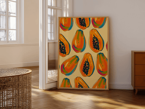 Tropical Papaya plakat med farverige papayafrugter på gul baggrund – tropisk og moderne frugt plakat.