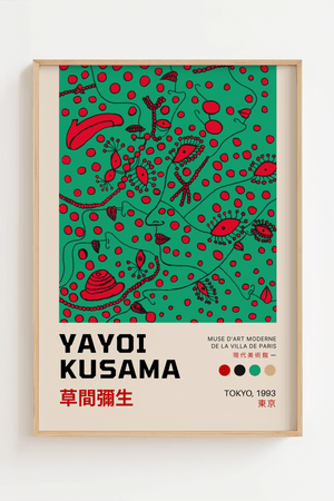 Green Vision – Yayoi Kusama plakat med grøn baggrund, røde prikker og sorte organiske former – farverig kunstplakat.