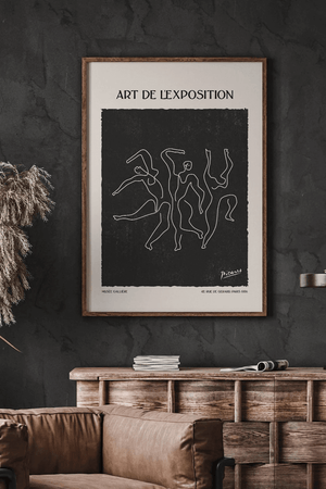Picasso plakat med dansende figurer i sort hvid – kunstplakat med fransk tekst og grafisk udtryk.
