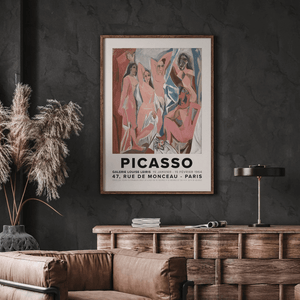 Farverig Picasso plakat med Les Demoiselles d'Avignon motiv i kubistisk stil og fransk udstillingstekst.