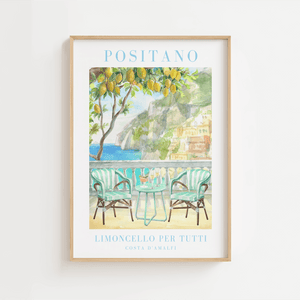 Framed art print of a limoncello bottle, lemon tree, glass of limoncello, and Italian villa in warm summer tones, styled like a vintage poster.