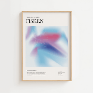 Farverig stjernetegns plakat af Fisken med bløde pastelfarver og moderne design. Viser Fiskens symbolet og personlighed i et kunstnerisk udtryk.