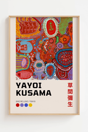 Give Me Love – Yayoi Kusama plakat med ikoniske farverige prikker – moderne kunstplakat i legende og grafisk design.