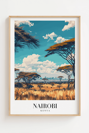 Nairobi Kenya byplakat med savanne og skyline – farverig rejseplakat.