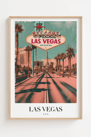Las Vegas USA byplakat med “Welcome to Fabulous Las Vegas” skilt og palmer.