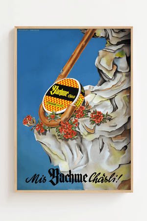 Farverig retro plakat med Bachme Chärli ost og blomster – autentisk vintage reklame fra Schweiz.

