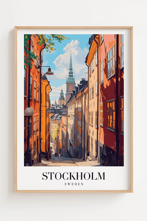 Stockholm Sverige byplakat med farverige huse og gader i Gamla Stan.