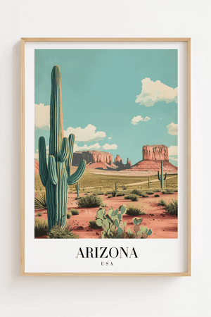 Arizona USA byplakat med kaktusser, ørken og røde klipper.