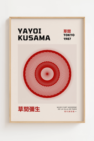 Red Circle – Yayoi Kusama plakat med røde cirkler i hypnotisk grafisk mønster – moderne kunstplakat i minimalistisk stil.