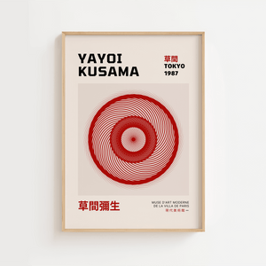 Red Circle – Yayoi Kusama plakat med røde cirkler i hypnotisk grafisk mønster – moderne kunstplakat i minimalistisk stil.