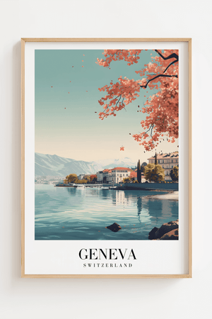Genève Schweiz byplakat med udsigt over Genfersøen og Alperne.