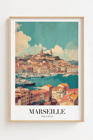Marseille byplakat med udsigt over havn, farverige huse og Notre-Dame de la Garde.