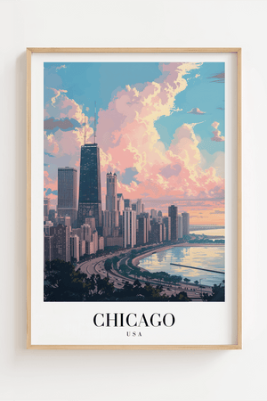 Chicago Skyline plakat med udsigt over byen og Lake Michigan – moderne byplakat fra USA.