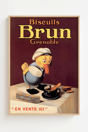 Vintage plakat med fransk kok, kaffe og kiks fra Biscuits Brun – retroreklame med teksten "En vente ici".