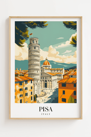 Pisa Italien byplakat med det skæve tårn – farverig rejseplakat fra Toscana.