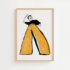 Lagom Wide Pants plakat med moderne grafisk motiv af kvinde i brede gule bukser – kunstplakat i minimalistisk og nordisk stil.