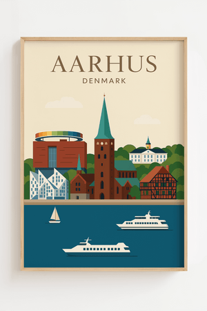 Aarhus plakat med havnefronten, Aarhus Domkirke, Aros regnbuen og moderne bygninger. Farverig byplakat i minimalistisk design.