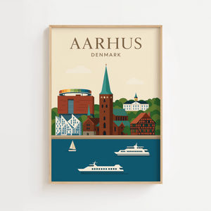 Aarhus plakat med havnefronten, Aarhus Domkirke, Aros regnbuen og moderne bygninger. Farverig byplakat i minimalistisk design.