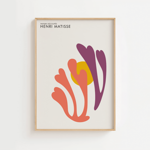 Sunrise Leaves Matisse plakat med abstrakte blade i orange og lilla samt gul cirkel – moderne vægkunst inspireret af Henri Matisse.