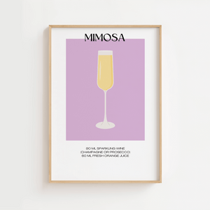 Illustreret Mimosa plakat med lysegul cocktail i champagneglas på lilla baggrund – perfekt til køkkenet eller baren.

