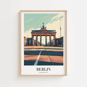 Berlin plakat med Brandenburger Tor og skyline – moderne byplakat fra Tyskland.