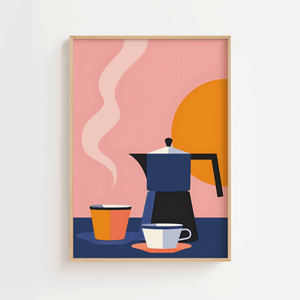 Plakat med moka-kande, kaffekopper og solrig baggrund i moderne farver – perfekt køkkenplakat.