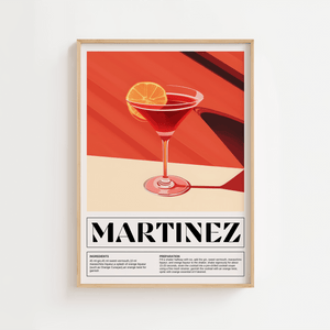 Illustreret Martinez cocktail plakat med retro design og orange drink i cocktailglas

