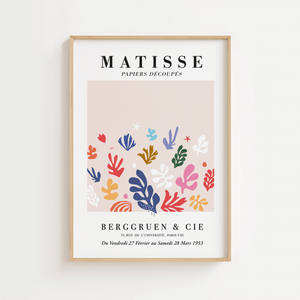 Matisse plakat med farverige, organiske bladformer i pastelfarver på lys baggrund – inspireret af Matisse’ papirklipkunst.