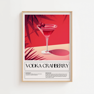 Illustration af Vodka Cranberry cocktail med lime og bær i et glas, tropisk stemning og palmeskygger i baggrunden – cocktail plakat.

