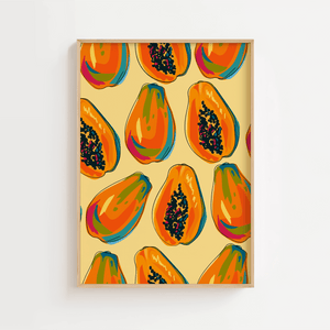 Tropical Papaya plakat med farverige papayafrugter på gul baggrund – tropisk og moderne frugt plakat.