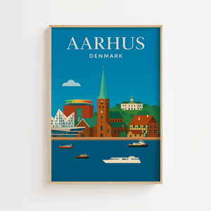 Aarhus skyline plakat med Domkirken, Aros regnbue, havnen og Den Gamle By i grafisk design.