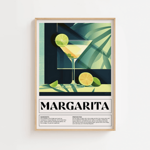 Margarita plakat med grønne nuancer og lime, opskrift nederst og tropisk stemning. Moderne retrostil.

