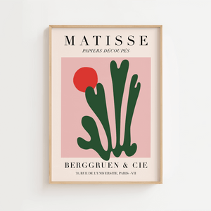 Abstrakt Matisse plakat med grønne bladformer og rød cirkel på rosa baggrund.