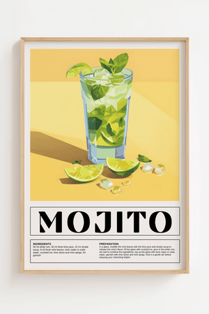 Mojito cocktail plakat med lime, is og mynte i solgult baggrundsdesign

