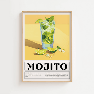 Mojito cocktail plakat med lime, is og mynte i solgult baggrundsdesign
