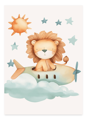 Lion in a Green Plane - Børneplakat | Sjov & Eventyrlig Vægkunst