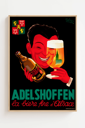 Vintage Adelshoffen plakat med rød mand, ølflaske og ølglas fra Alsace – fransk reklame i retrostil.