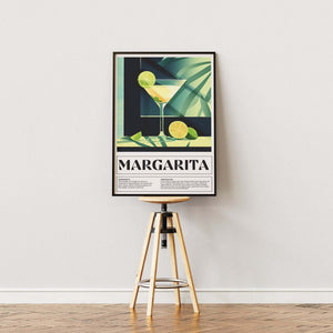 Margarita plakat med grønne nuancer og lime, opskrift nederst og tropisk stemning. Moderne retrostil.