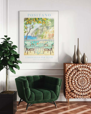 Plakat med udsigt over Positano, citrontræer og limoncello – italiensk kunstplakat med sommerstemning fra Amalfikysten.