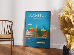 Aarhus skyline plakat med Domkirken, Aros regnbue, havnen og Den Gamle By i grafisk design.