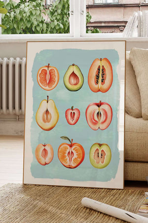 Blå vulva frugt plakat med kunstnerisk og feministisk motiv i moderne farver.