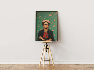 Grøn Blomsterbaggrund – Frida Kahlo Plakat