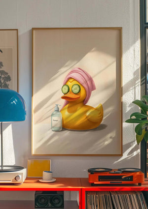 Illustreret plakat af en badeand i spa med pink håndklæde og agurkeskiver på øjnene – humoristisk vægkunst til badeværelset