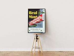 Vintage plakat med Baby Ruth tyggegummi, mintblade og retro tekst – amerikansk reklame fra Curtiss Candy Co
