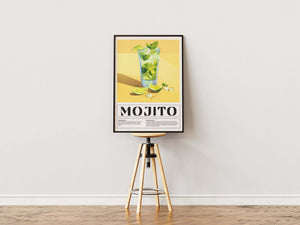 Mojito cocktail plakat med lime, is og mynte i solgult baggrundsdesign