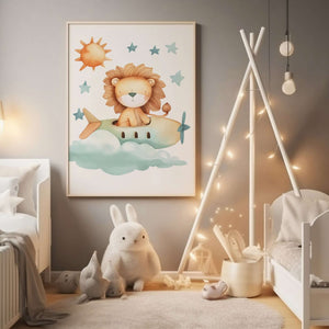 Lion in a Green Plane - Børneplakat | Sjov & Eventyrlig Vægkunst