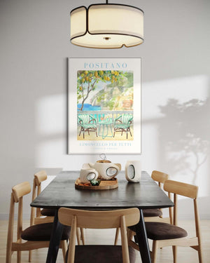 Plakat med udsigt over Positano, citrontræer og limoncello – italiensk kunstplakat med sommerstemning fra Amalfikysten.