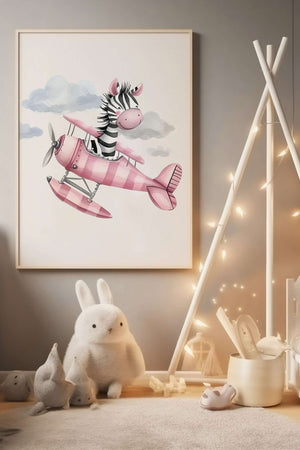 Zebra i et pink fly -  Børneplakat
