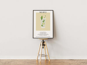 Illustreret Mojito plakat med glas, lime og mynteblade i minimalistisk design

