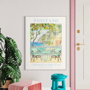 Plakat med udsigt over Positano, citrontræer og limoncello – italiensk kunstplakat med sommerstemning fra Amalfikysten.